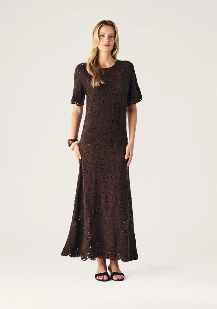 Image of Dresses. Productname: Anouk Crochet Midi Dress in Dark Chocolate colour by brand - MOS The Label