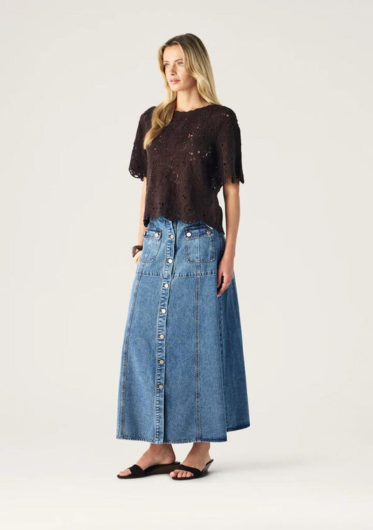 Image of a model wearing Tops. Productname: Anouk Crochet Top | MOS The Label in Dark Chocolate colour by brand - MOS The Label