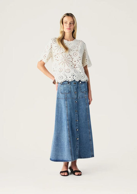 Image of a model wearing Tops. Productname: Anouk Crochet Top | MOS The Label in Ivory colour by brand - MOS The Label