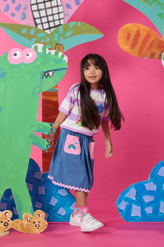 Image of a model wearing Skirts. Productname: Hyper Bugs Kids Denim Skirt in Denim colour by brand - Gorman