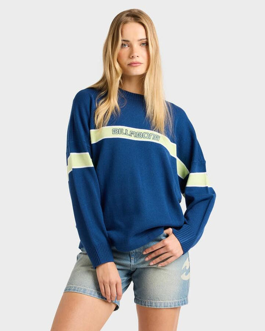 Image of a model wearing Outerwear. Productname: billabong Womens Supalove Oversized Sweatshirt Ink - in Ink colour by brand - Billabong