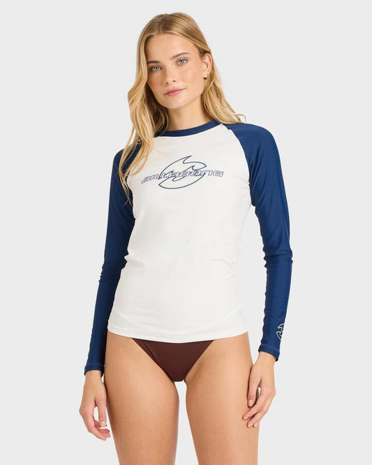 Image of a model wearing Tops. Productname: billabong Womens Billa Tripper Long Sleeve Rashvest White - in White colour by brand - Billabong