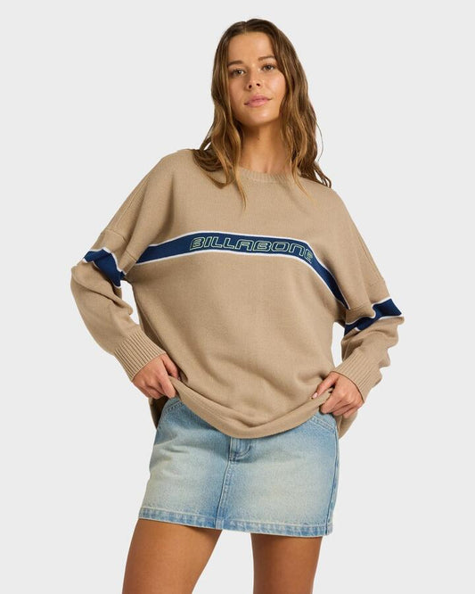 Image of a model wearing Outerwear. Productname: billabong Womens Supalove Oversized Sweatshirt Cobblestone - in Cobblestone colour by brand - Billabong