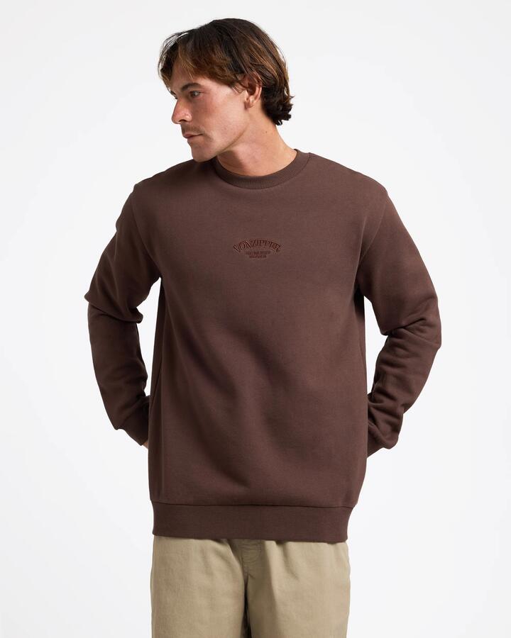 Image of a model wearing Outerwear. Product name - Von Zipper Mens Rover Fleece Crew Neck Chocolate in Chocolate colour by brand - Von Zipper