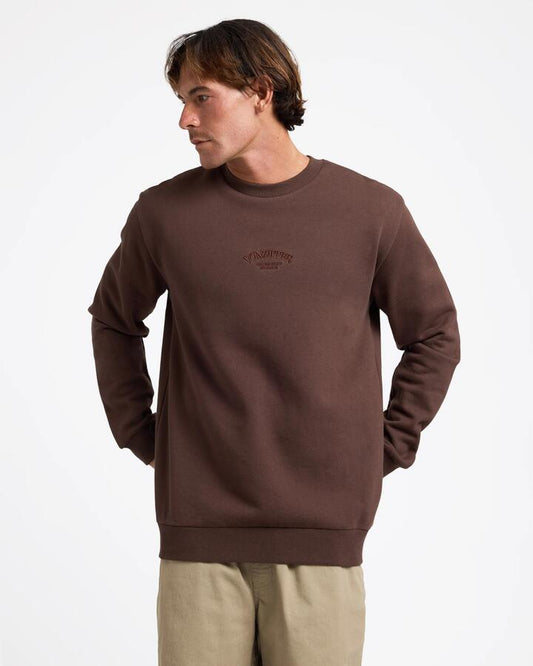 Image of a model wearing Outerwear. Product name - Von Zipper Mens Rover Fleece Crew Neck Chocolate in Chocolate colour by brand - Von Zipper