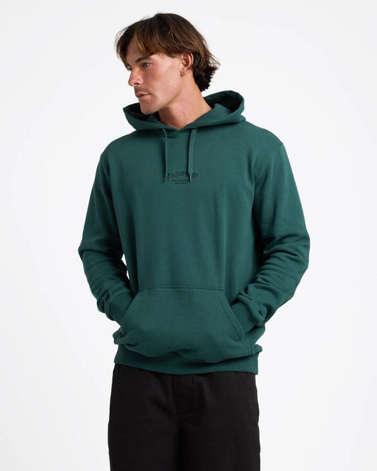 Image of a model wearing Outerwear. Product name - Von Zipper Mens Warrior Pullover Hoodie Forest in Forest colour by brand - Von Zipper