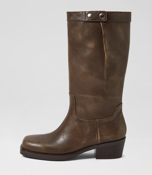 Image of Boots. Product name - Heevan Smokey Brown Leather Calf Boots in Smokey Brown colour by brand - MOLLINI
