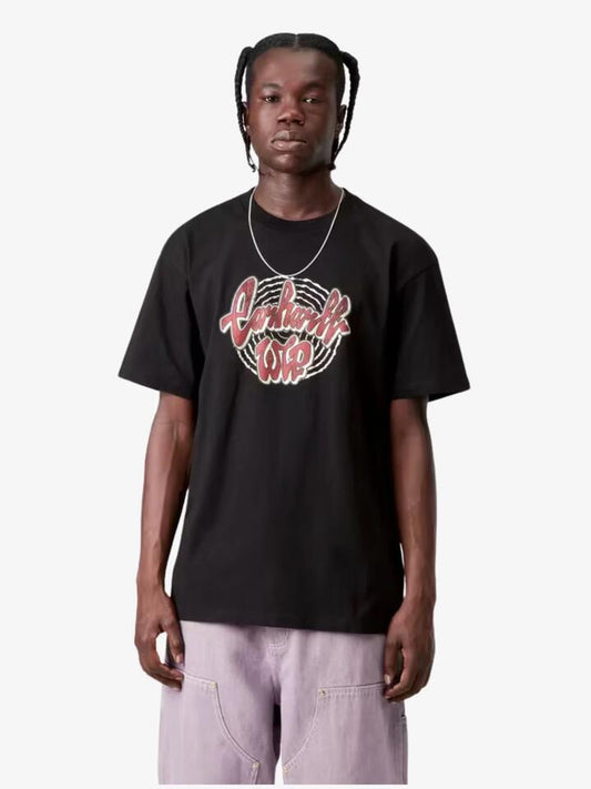 Image of a model wearing Tops. Productname: Carhartt Wip Short Sleeve Chedda T-Shirt in Black Stone Wash colour by brand - Carhartt Wip