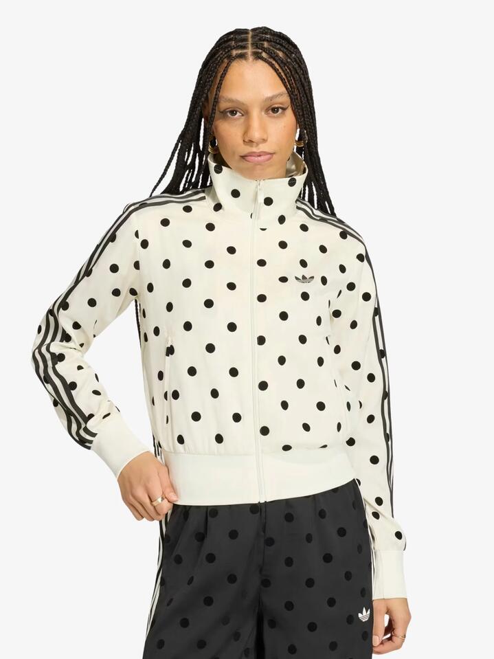 Image of a model wearing Tops. Productname: Adidas Satin Polka Dot Track Top in Off White colour by brand - Adidas