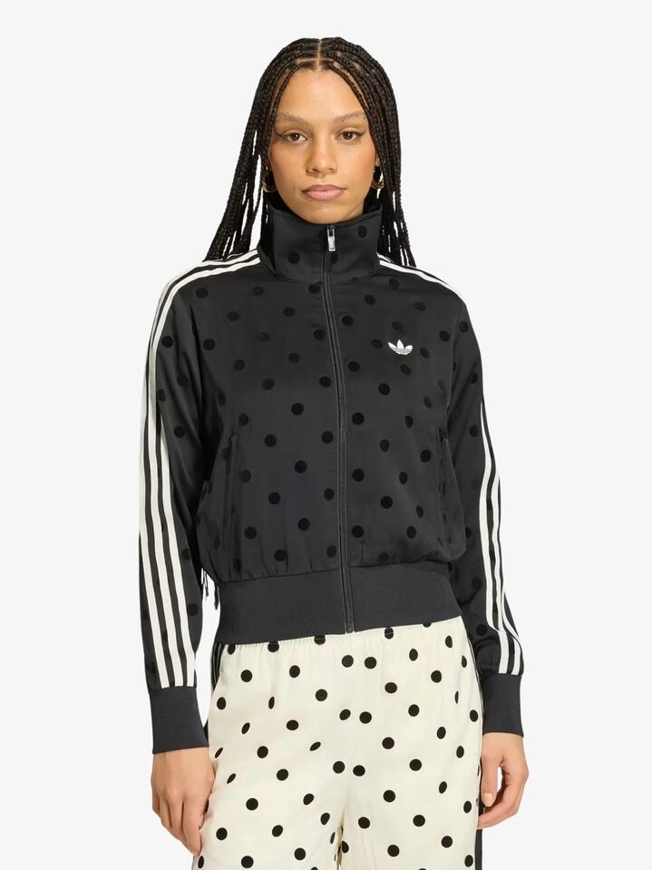 Image of a model wearing Tops. Productname: Adidas Satin Polka Dots Track Top in Black colour by brand - Adidas