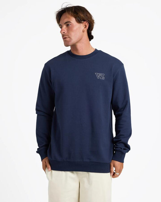 Image of a model wearing Outerwear. Productname: von Zipper Mens Apex Fleece Crew Neck Midnight - in Midnight colour by brand - von Zipper