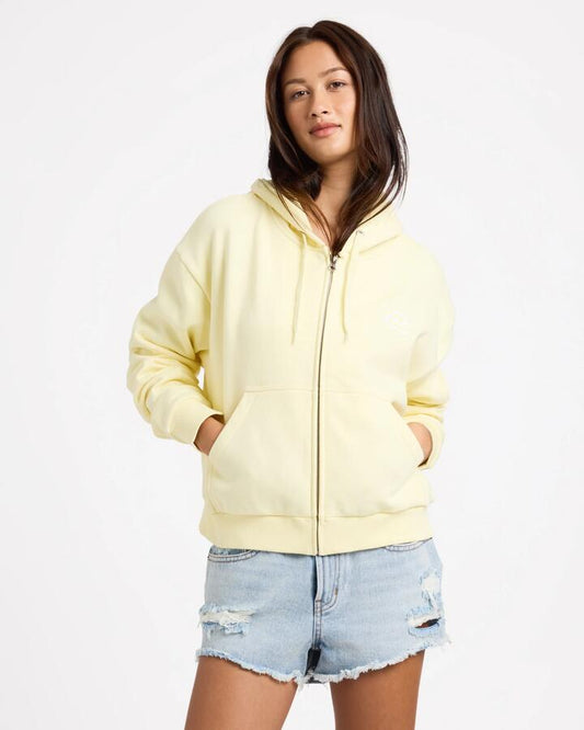 Image of a model wearing Outerwear. Productname: von Zipper Womens Amarula Zip Up Hoodie Butter - in Butter colour by brand - von Zipper