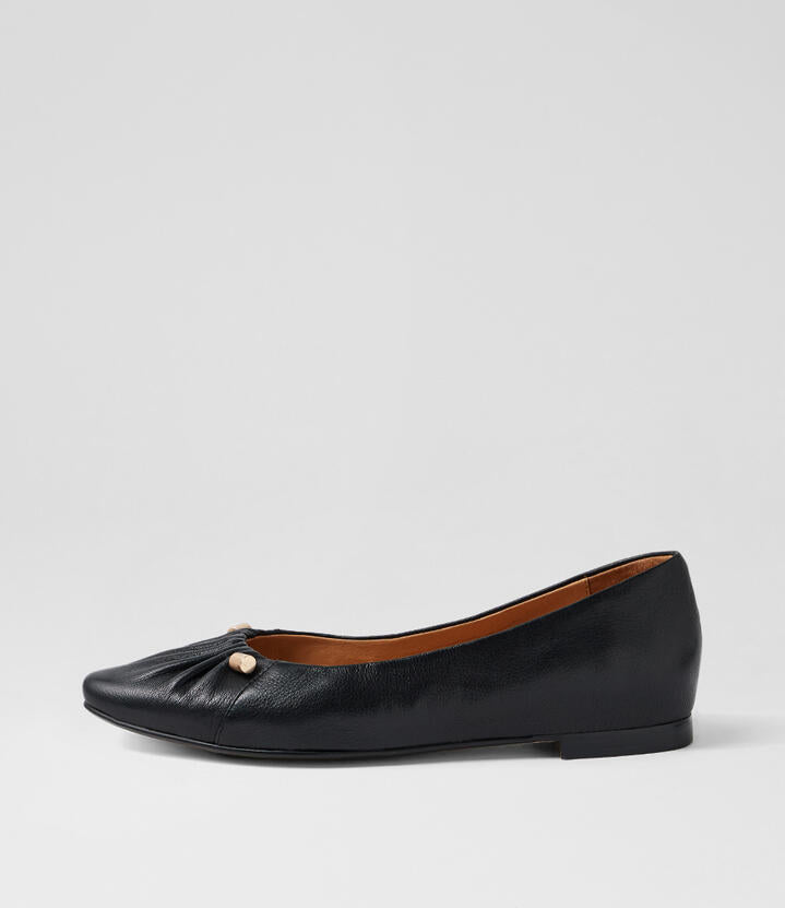 Image of Shoes. Productname: Sonnett Black Leather Flat Shoes in Black colour by brand - MIDAS