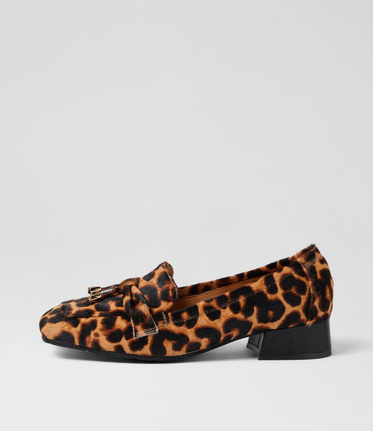 Image of Flats. Product name - Simon Dark Tan Leopard Pony Loafers in Dk Tan Leopard colour by brand - MIDAS