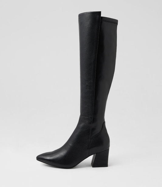 Image of Boots. Productname: Marny Black Leather Stretch Knee High Boots in Black colour by brand - MIDAS