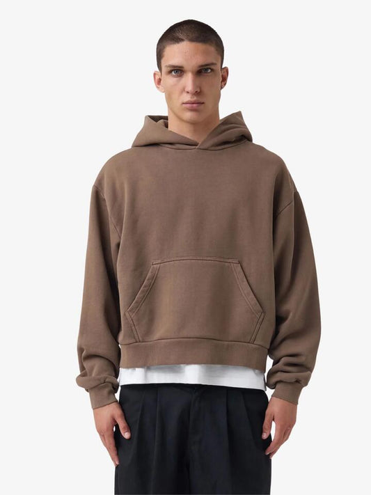 Image of a model wearing Outerwear. Productname: Zanerobe Box Crop Hood in Gd Choc colour by brand - Zanerobe