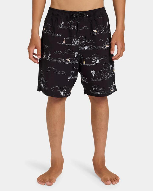 Image of a model wearing Shorts. Productname: Billabong Boys 8-16 Good Times Volley 16" Swim Shorts Black - in Black colour by brand - Billabong