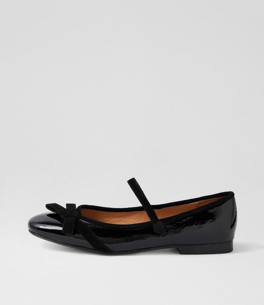 Image of Shoes. Productname: Mabello Black Patent Suede Flat Shoes in Black colour by brand - MIDAS