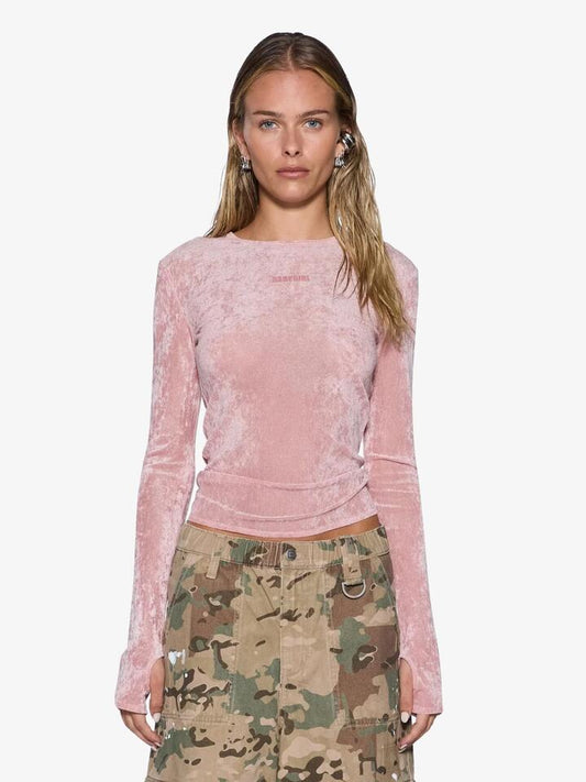 Image of a model wearing Tops. Productname: Ksubi Baby Girl Mesh Ls Top in Cameo Pink colour by brand - Ksubi