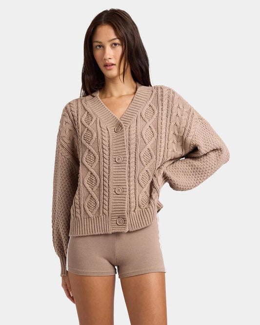 Image of a model wearing Outerwear. Productname: nunui Womens Sterling Cardigan Mocha - in Mocha colour by brand - Nunui