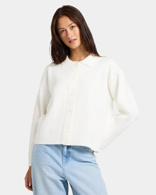 Image of a model wearing Outerwear. Productname: nunui Womens Jordan Cardigan Winter White - in Winter White colour by brand - Nunui