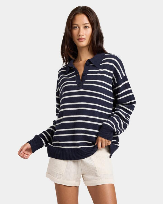 Image of a model wearing Outerwear. Product name - Nunui Womens Streetwise Sweatshirt Navy in Navy colour by brand - Nunui