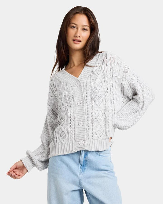 Image of a model wearing Outerwear. Productname: nunui Womens Sterling Cardigan Silver - in Silver colour by brand - Nunui