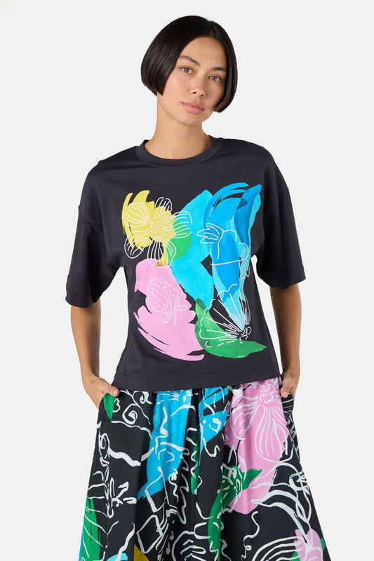 Image of T-Shirts. Product name - Linework Embroidered Relaxed Tee in Black colour by brand - Gorman