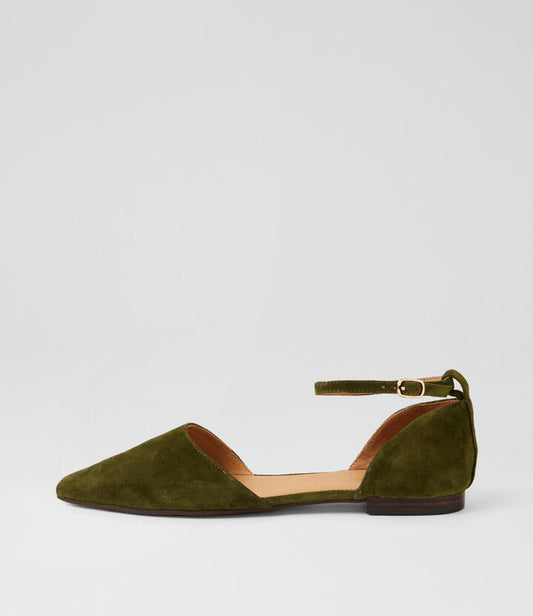 Image of Shoes. Productname: Aloma Moss Suede Flat Shoes in Moss colour by brand - MIDAS