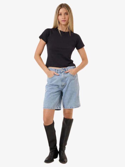 Image of a model wearing Shorts. Productname: Thrills Reagan Home Advantage Slouch Embro Shorts in Ageless Blue colour by brand - Thrills