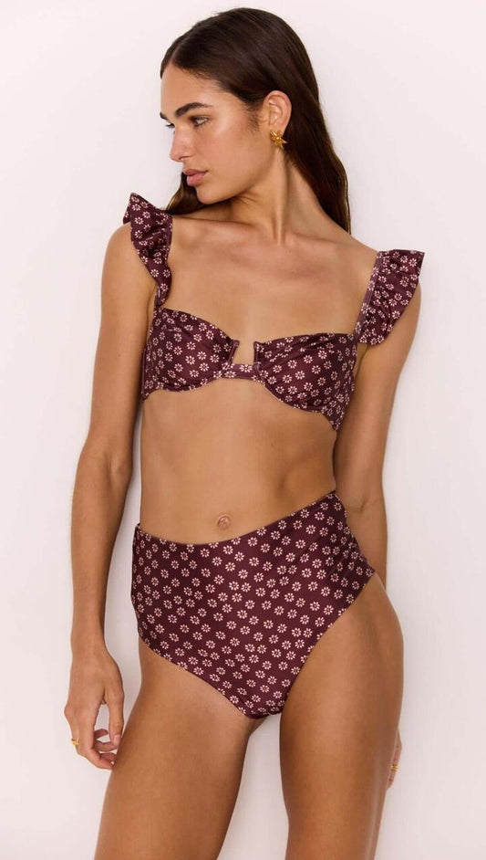 Image of Swimwear. Product name - High-Waisted Bikini Pant in Burgundy Floral Print in Burgundy Floral colour by brand - MINKPINK
