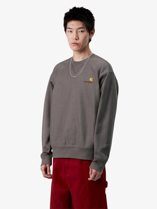 Image of a model wearing Outerwear. Productname: Carhartt Wip American Script Sweat in Poryphry colour by brand - Carhartt Wip
