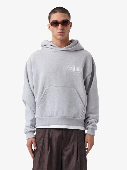 Image of a model wearing Outerwear. Productname: Zanerobe ZR Est. Box Crop Hood in Grey Marle colour by brand - Zanerobe