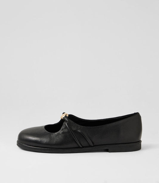 Image of Shoes. Productname: Rimma Black Leather Flat Shoes in Black colour by brand - MIDAS