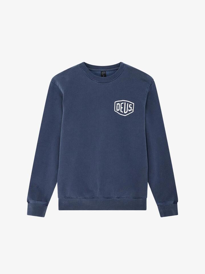 Image of Others. Productname: Deus Shield Garment Dyed Crew in Mechanic Blue colour by brand - Deus