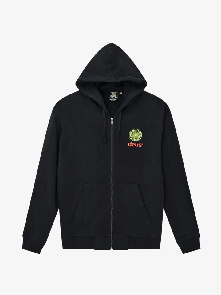 Image of a model wearing Outerwear. Productname: Deus Strata Zip Hoodie in Black colour by brand - Deus