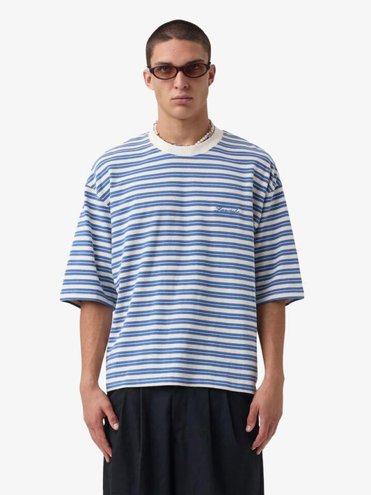 Image of a model wearing Tops. Productname: Zanerobe Stripe Flow Crop Tee in Vintage White/Sky Blue colour by brand - Zanerobe