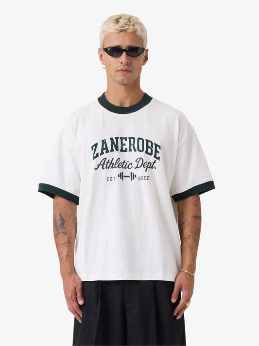 Image of T-Shirts. Productname: Zanerobe ZR Athletics Ringer Tee in Vintage White/Forest colour by brand - Zanerobe