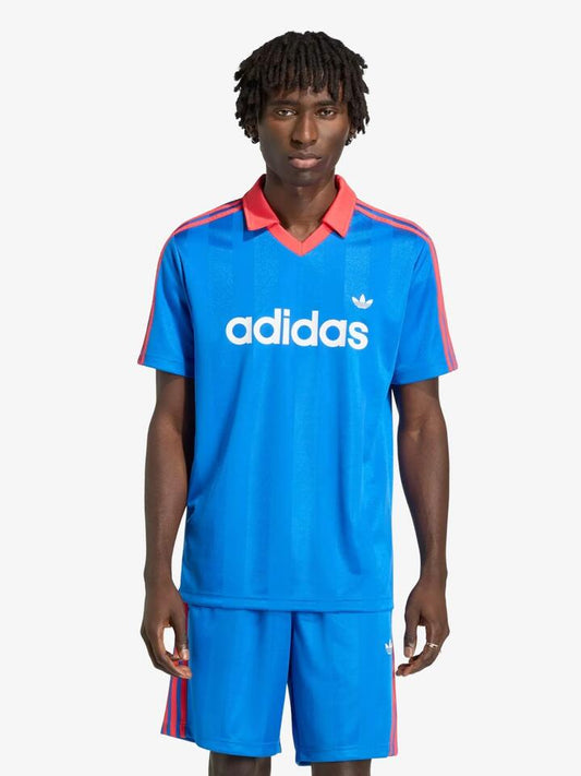 Image of a model wearing Tops. Productname: Adidas Archive Collar Engineered Jersey in Blue colour by brand - Adidas