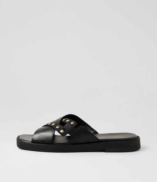 Image of Slippers. Productname: Timish Black Leather Slides in Black colour by brand - MIDAS