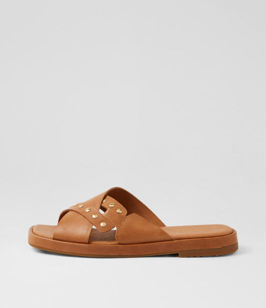 Image of Slippers. Productname: Timish Tan Leather Slides in Tan colour by brand - MIDAS