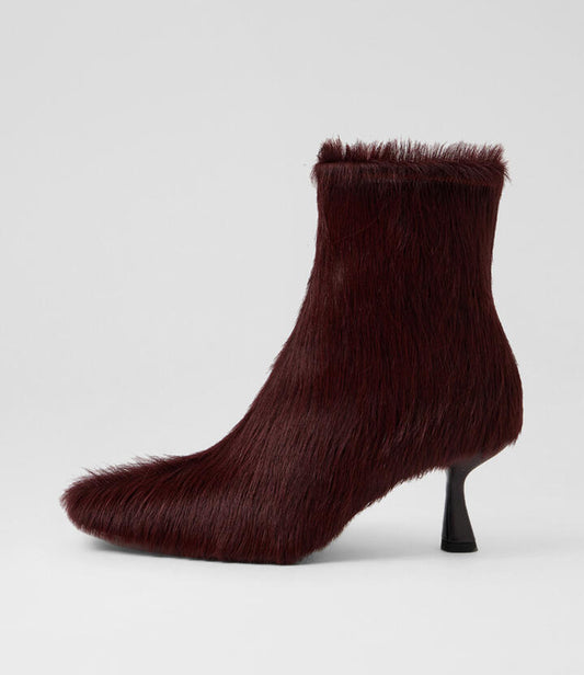 Image of Boots. Productname: Luciole Burgundy Long Pony Ankle Boots in Burgundy Long colour by brand - MOLLINI