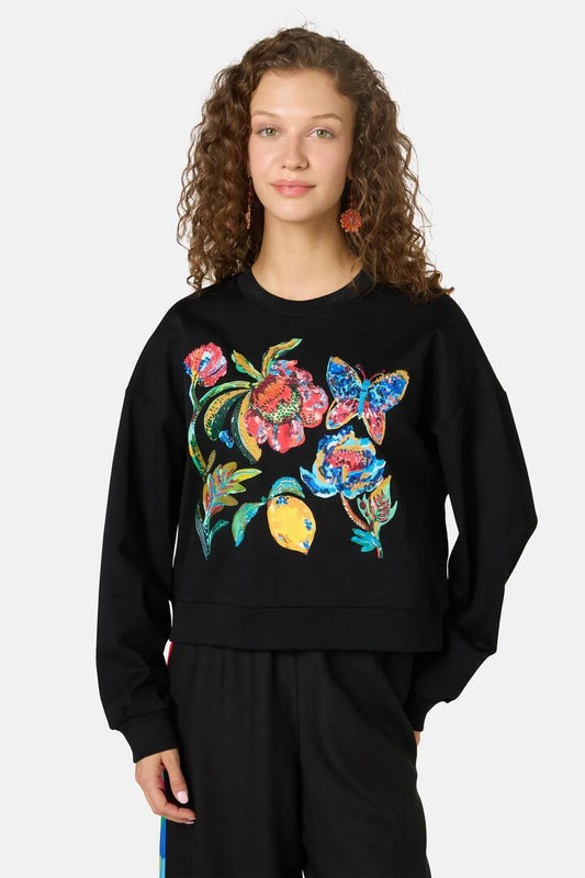 Image of a model wearing Tops. Productname: Floral Symphony Emb Sweater in Black colour by brand - Gorman