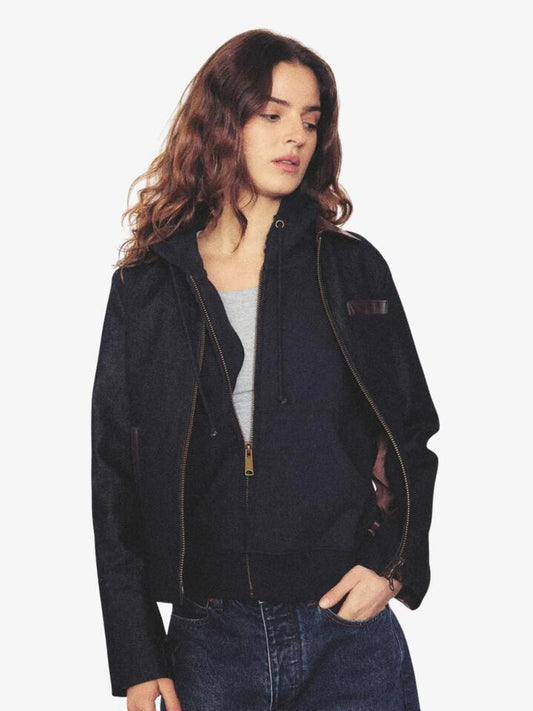 Image of a model wearing Outerwear. Productname: Larriet Enrico Hoodie in Ocean colour by brand - Larriet