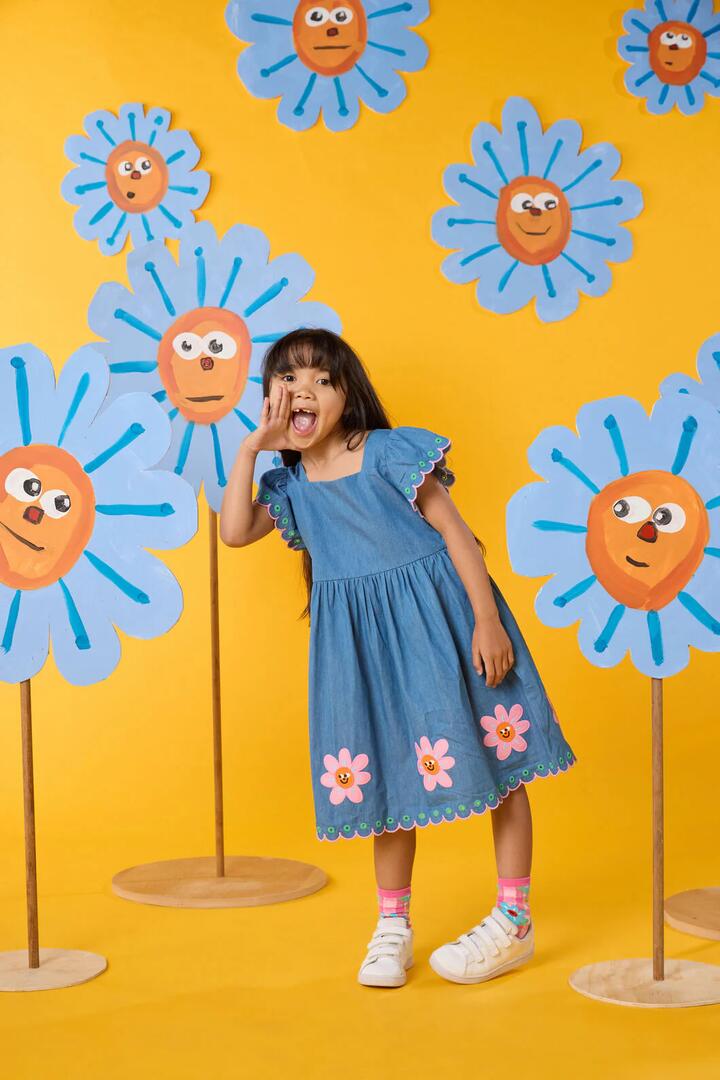 Image of Dresses. Product name - Daisy Embroidery Kids Dress in Denim colour by brand - Gorman