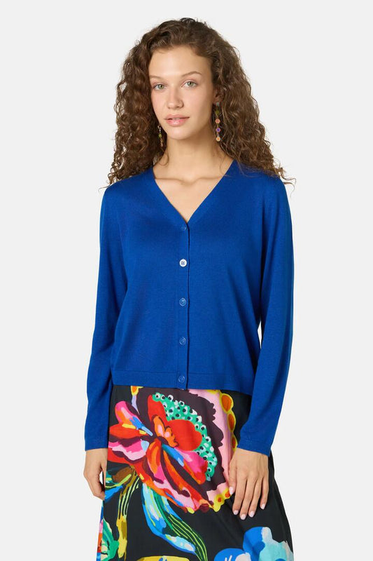 Image of a model wearing Outerwear. Productname: V-Neck Cardigan in Blue colour by brand - Gorman