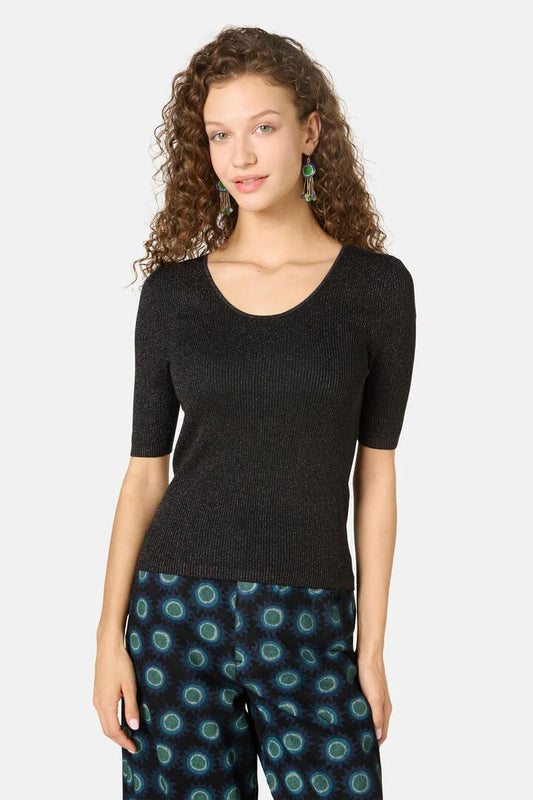 Image of a model wearing Tops. Productname: Ballet Rib Knit Top in Black colour by brand - Gorman
