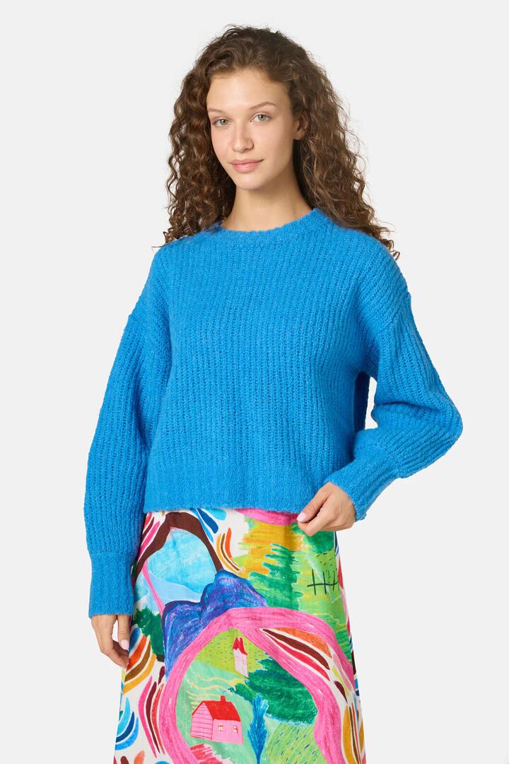 Image of a model wearing Outerwear. Productname: Lucia Merino Jumper in Blue colour by brand - Gorman