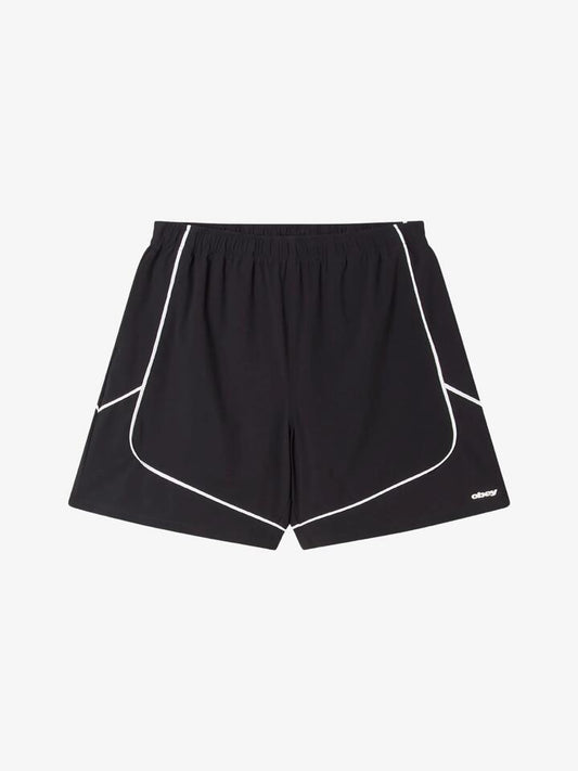 Image of a model wearing Shorts. Productname: Obey Corner Shorts in Black colour by brand - Obey