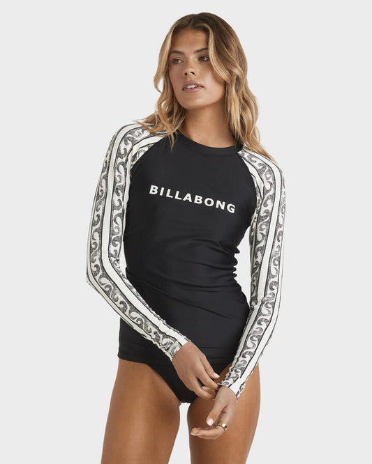 Image of a model wearing Tops. Productname: Billabong Womens Leilani Upf 50 Long Sleeve Rash Vest Black/White - in Black/White colour by brand - Billabong